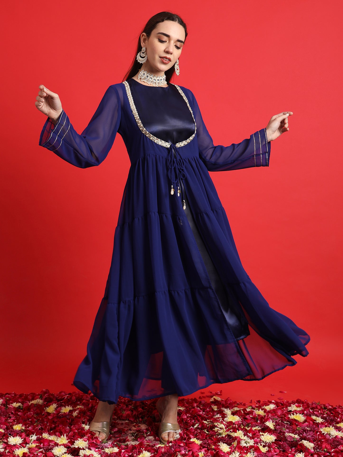 Blue Satin kurta Set with Layered Embellished Overlay