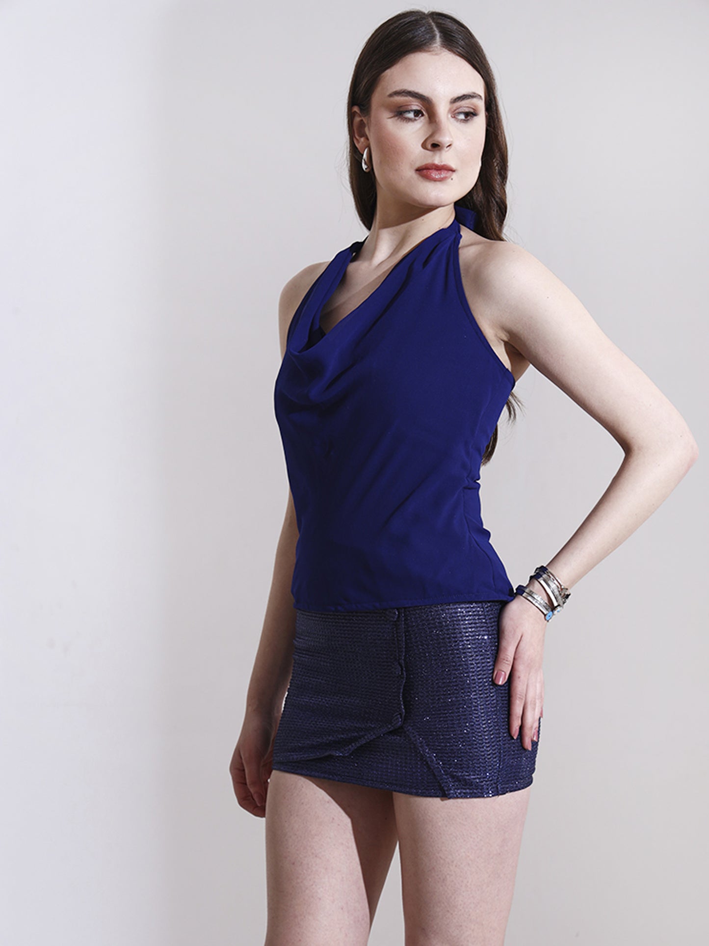 Blue Georgette Cowl Neck Top