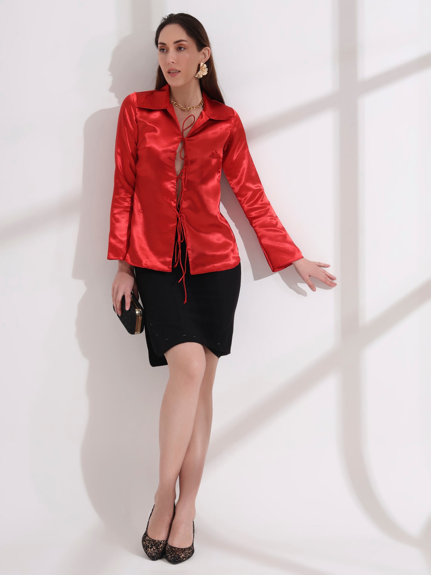 Red Tie-up Collared Satin Shirt