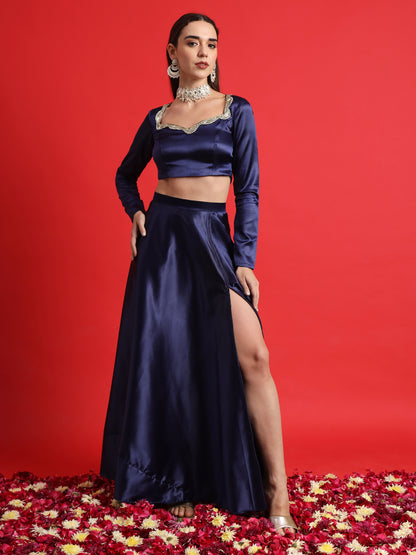 Blue Satin Embellished Lehenga Set