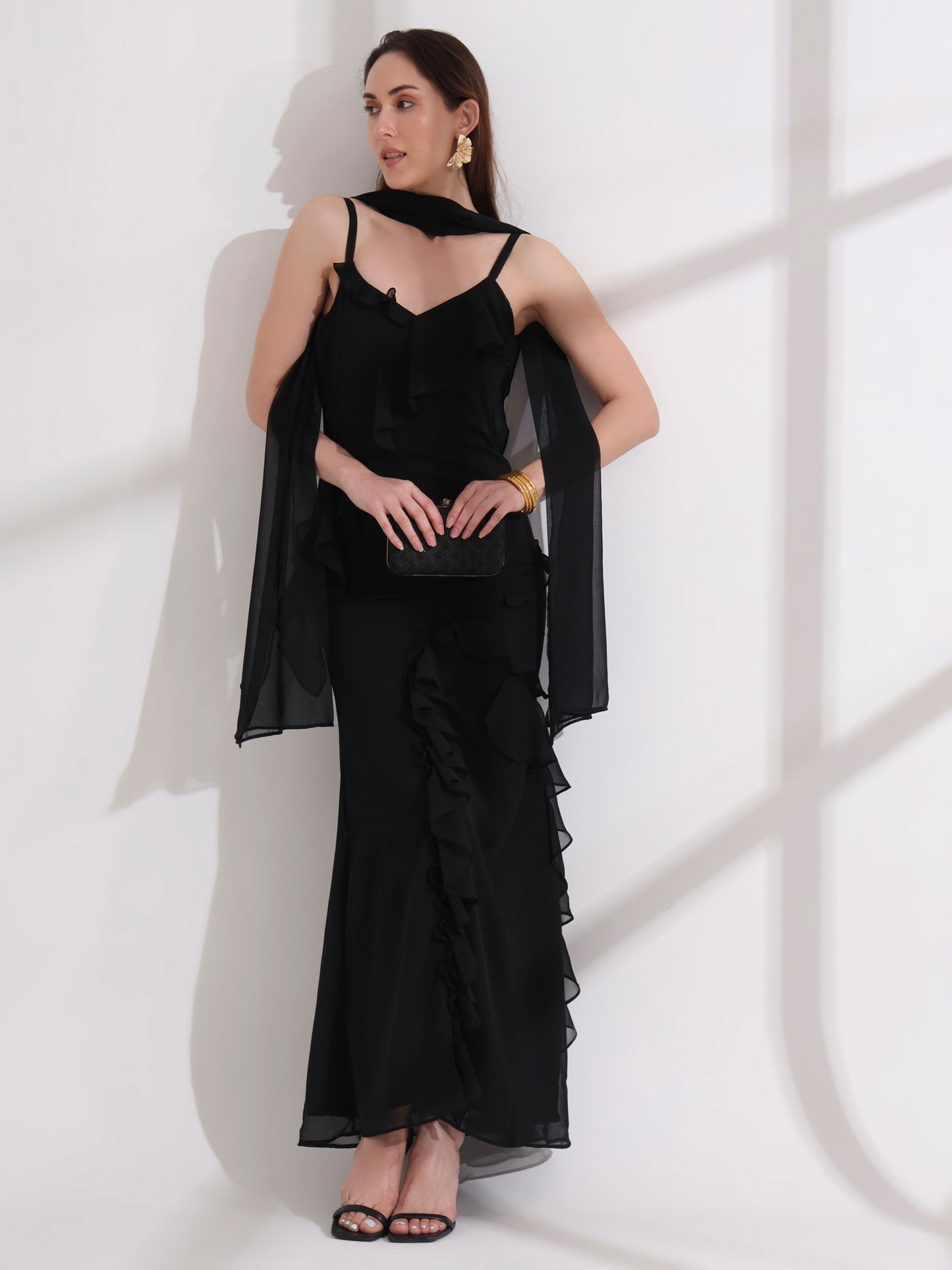 Black Ruffle Bodycon Dress with Dupatta