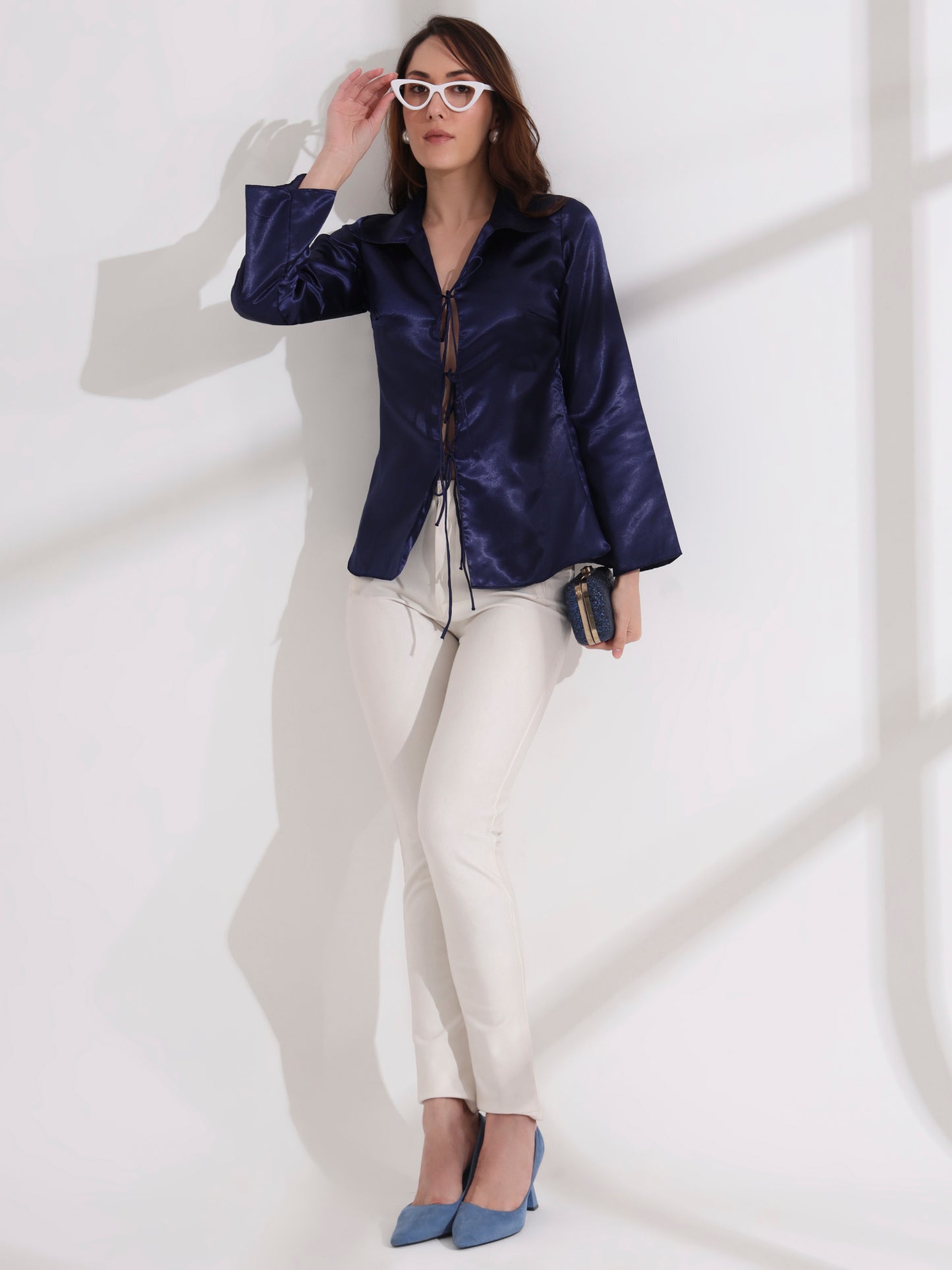 Blue Tie-up Collared Satin Shirt