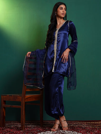 Blue Embellished Kurta and Asymmetric Palazzo set