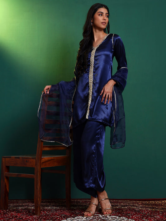 Blue Embellished Kurta and Asymmetric Palazzo set