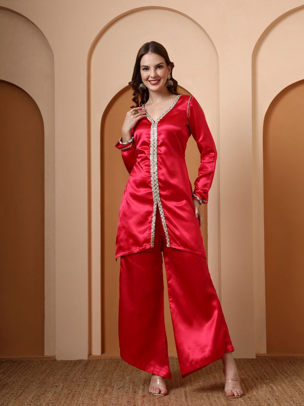 Hot Pink Embellished Kurta and Asymmetric Palazzo set