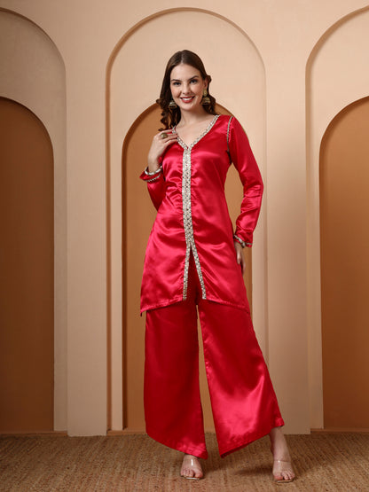 Hot Pink Embellished Kurta and Asymmetric Palazzo set