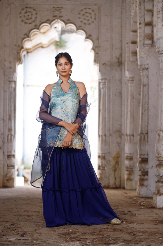 Blue Floral Printed Halter Neck Kurta with Tiered Sharara Set