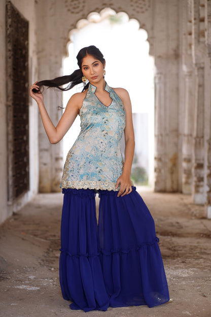 Blue Floral Printed Halter Neck Kurta with Tiered Sharara Set