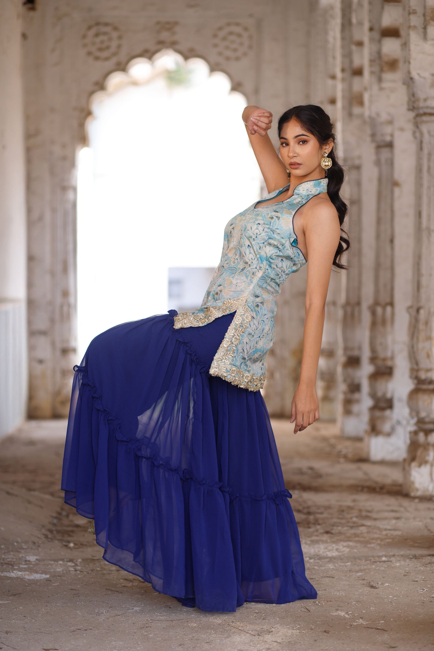 Blue Floral Printed Halter Neck Kurta with Tiered Sharara Set