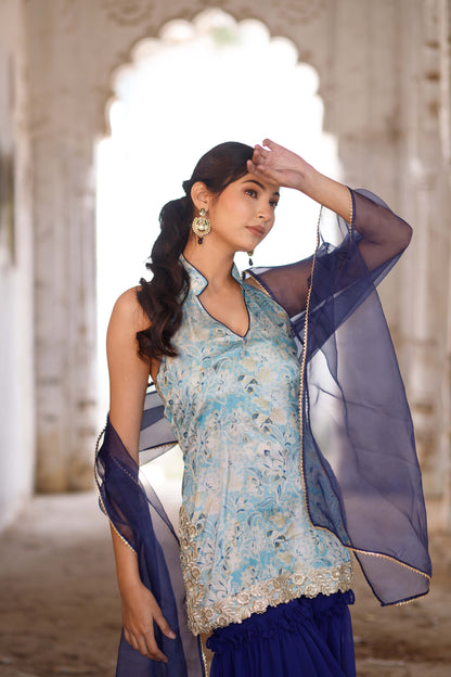 Blue Floral Printed Halter Neck Kurta with Tiered Sharara Set