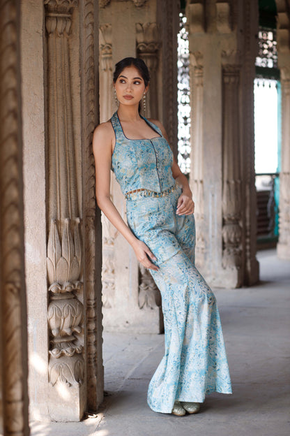 Blue Floral Printed Halter Neck Corset with Sharara