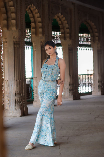 Blue Floral Printed Halter Neck Corset with Sharara