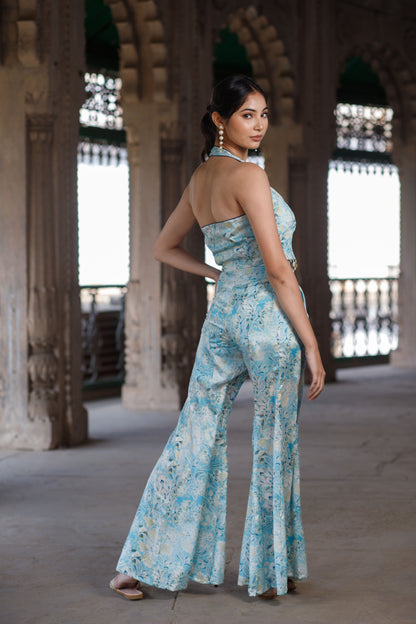 Blue Floral Printed Halter Neck Corset with Sharara