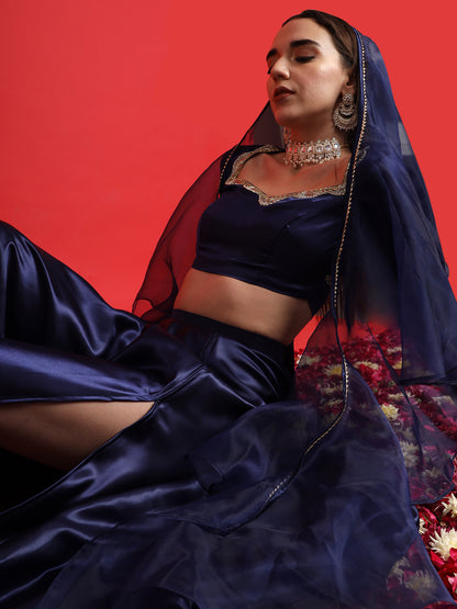 Blue Satin Embellished Lehenga Set