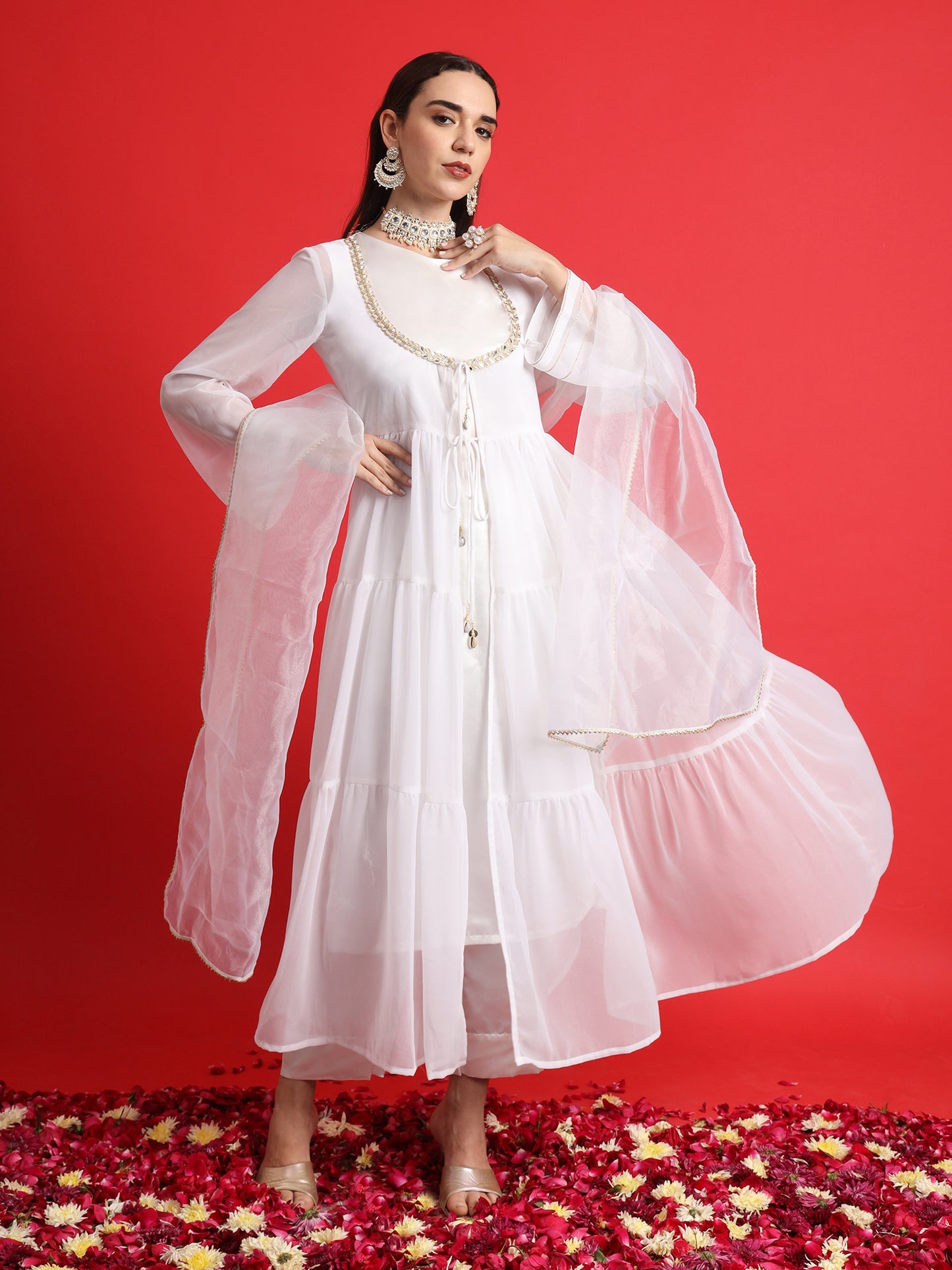 White Satin kurta Set with Layered Embellished Overlay