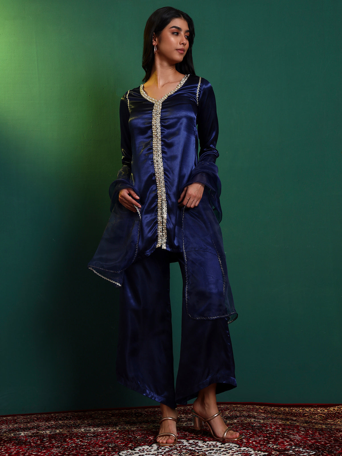 Blue Embellished Kurta and Asymmetric Palazzo set