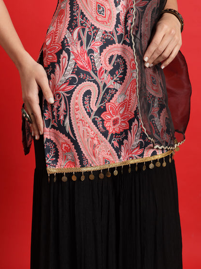 Paisley Printed Embellished Strappy Kurta and Sharara Set