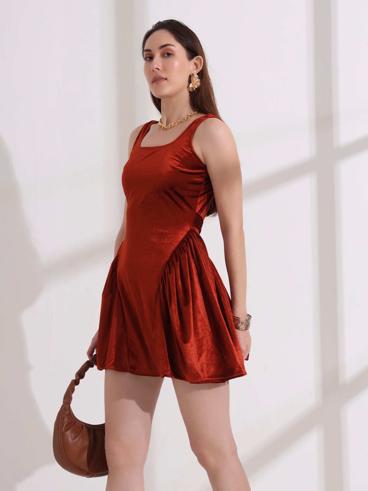 Burnt Orange Velvet Mini Dress