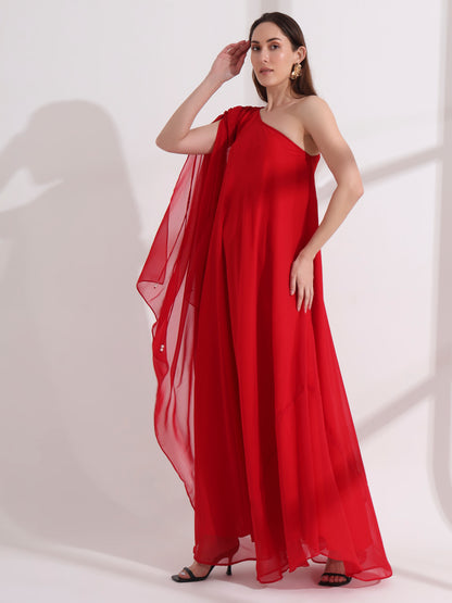 Red Georgette One Shoulder Flared Maxi Dress