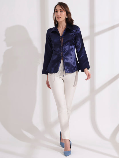 Blue Tie-up Collared Satin Shirt