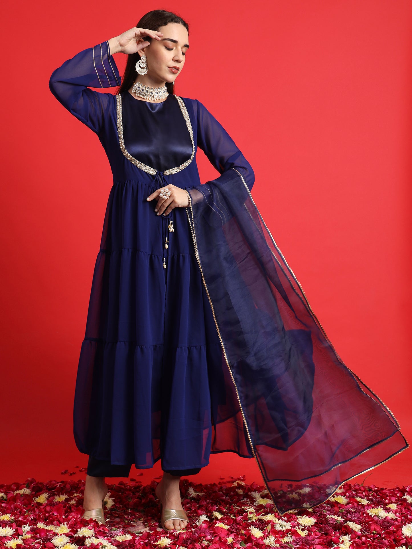 Blue Satin kurta Set with Layered Embellished Overlay