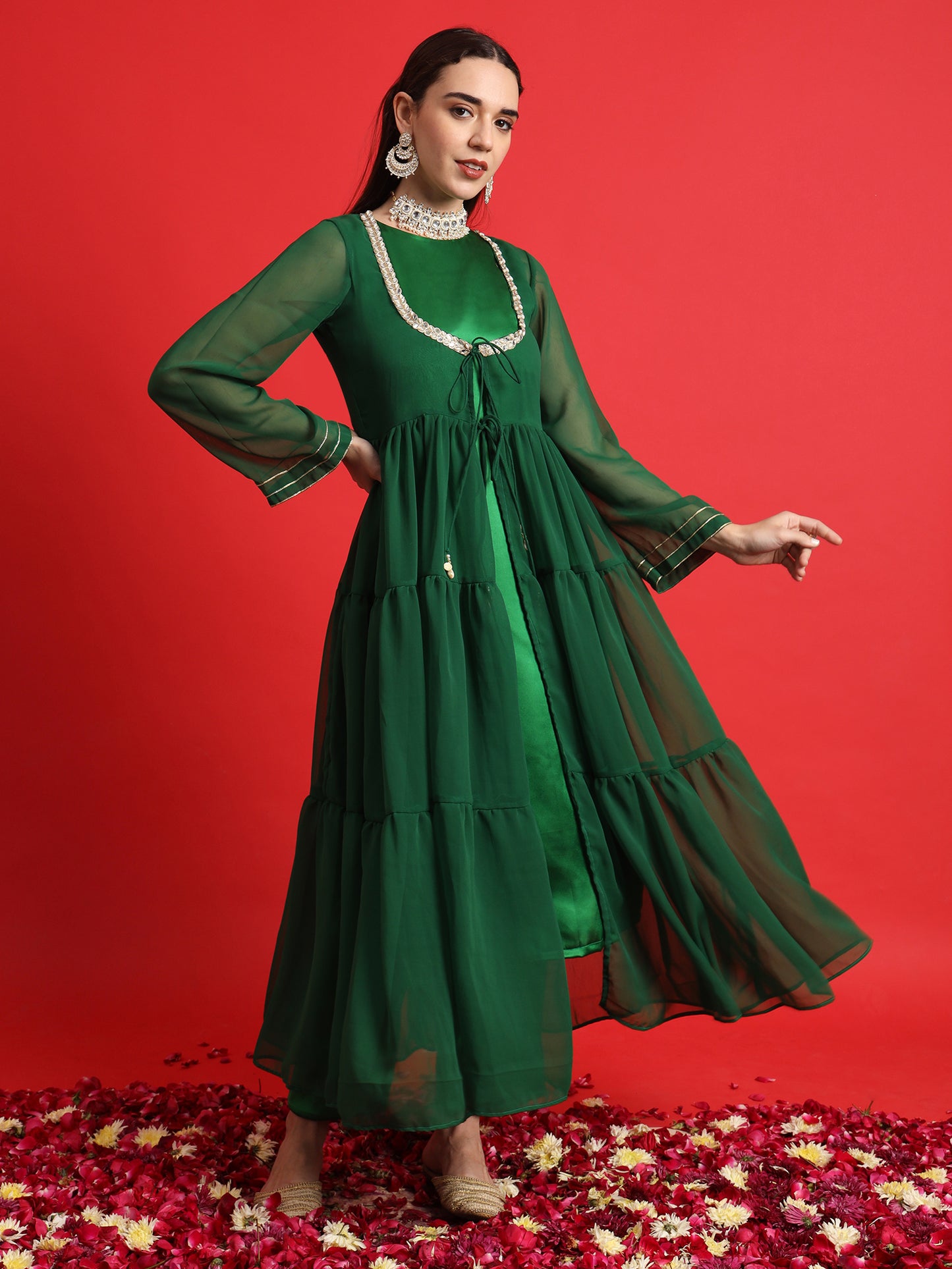 Green Satin kurta Set with Layered Embellished Overlay