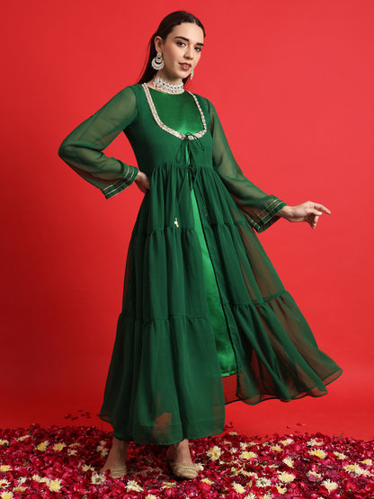 Green Satin kurta Set with Layered Embellished Overlay