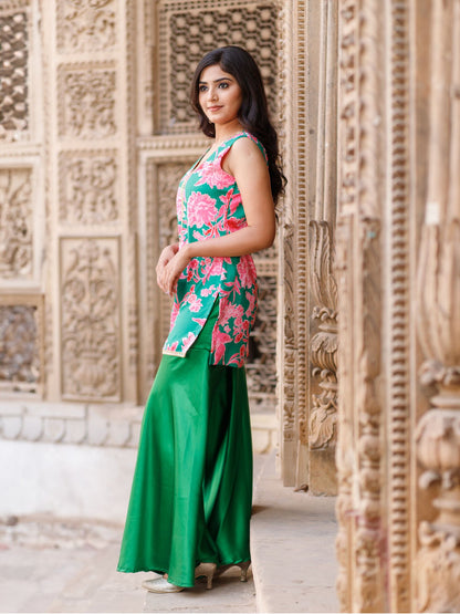 Green Floral Sleeveless Kurta