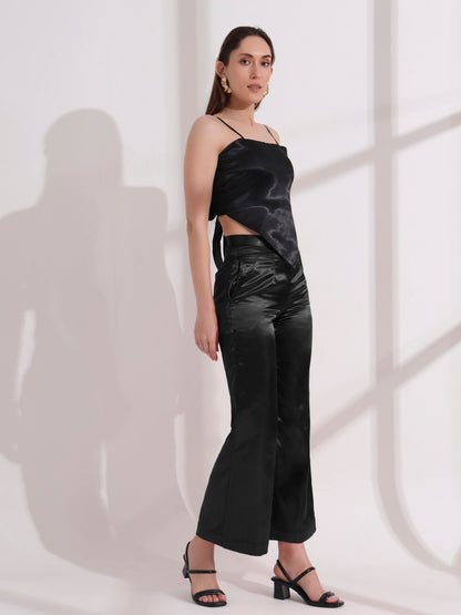 Black Satin Tie-up Top and Pant  Set