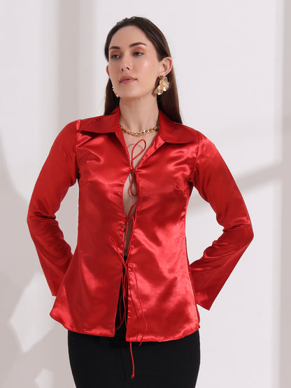 Red Tie-up Collared Satin Shirt