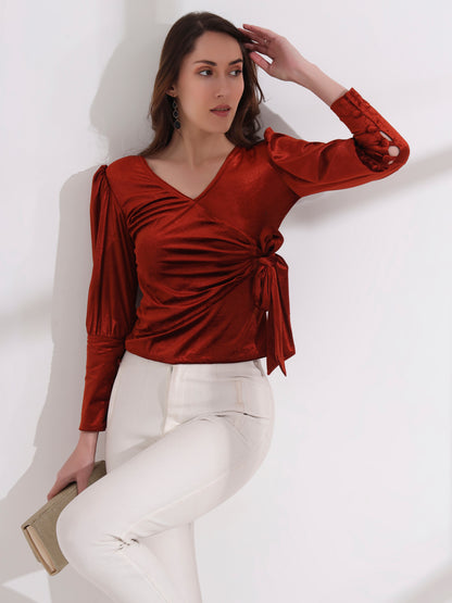 Burnt Orange Side Tie-up Velvet Top