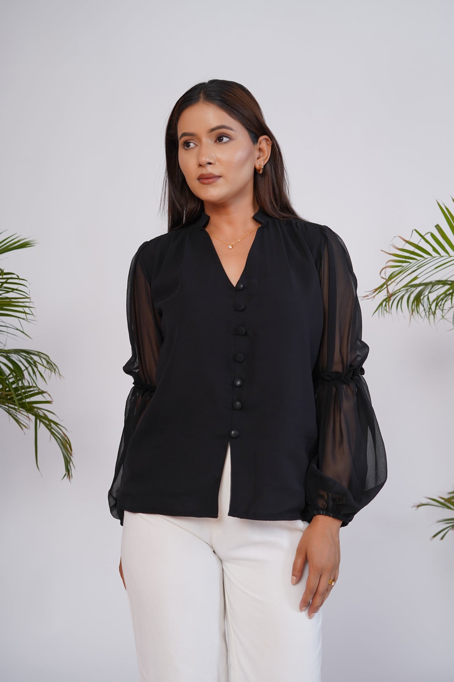 Black V-Neck Georgette Top