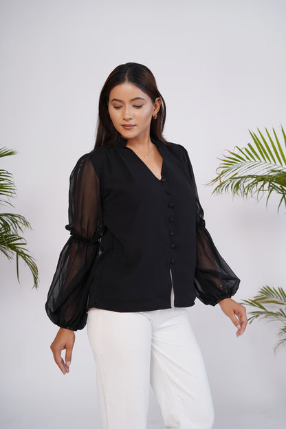 Black V-Neck Georgette Top