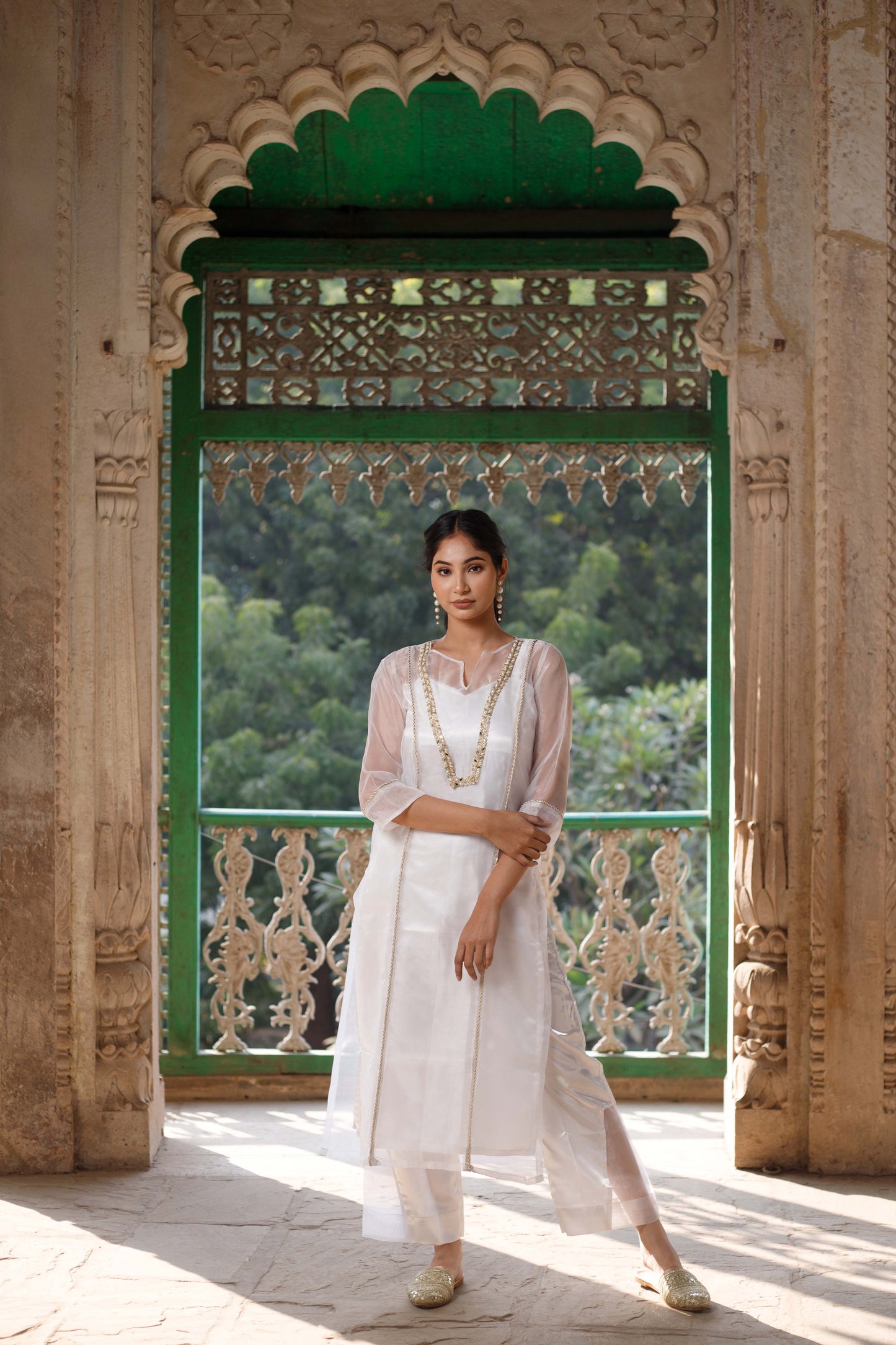 White Satin Organza Embellished Kurta Set