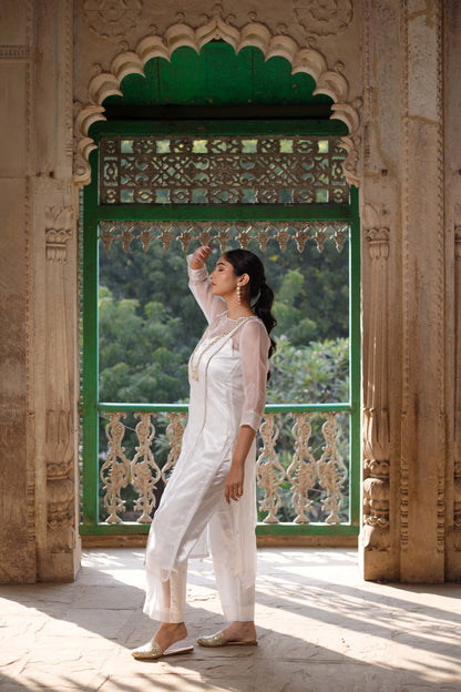 White Satin Organza Embellished Kurta Set