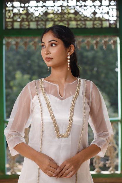 White Satin Organza Embellished Kurta Set