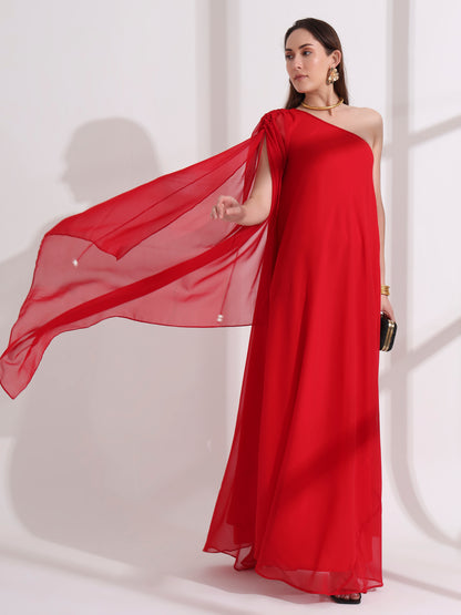 Red Georgette One Shoulder Flared Maxi Dress