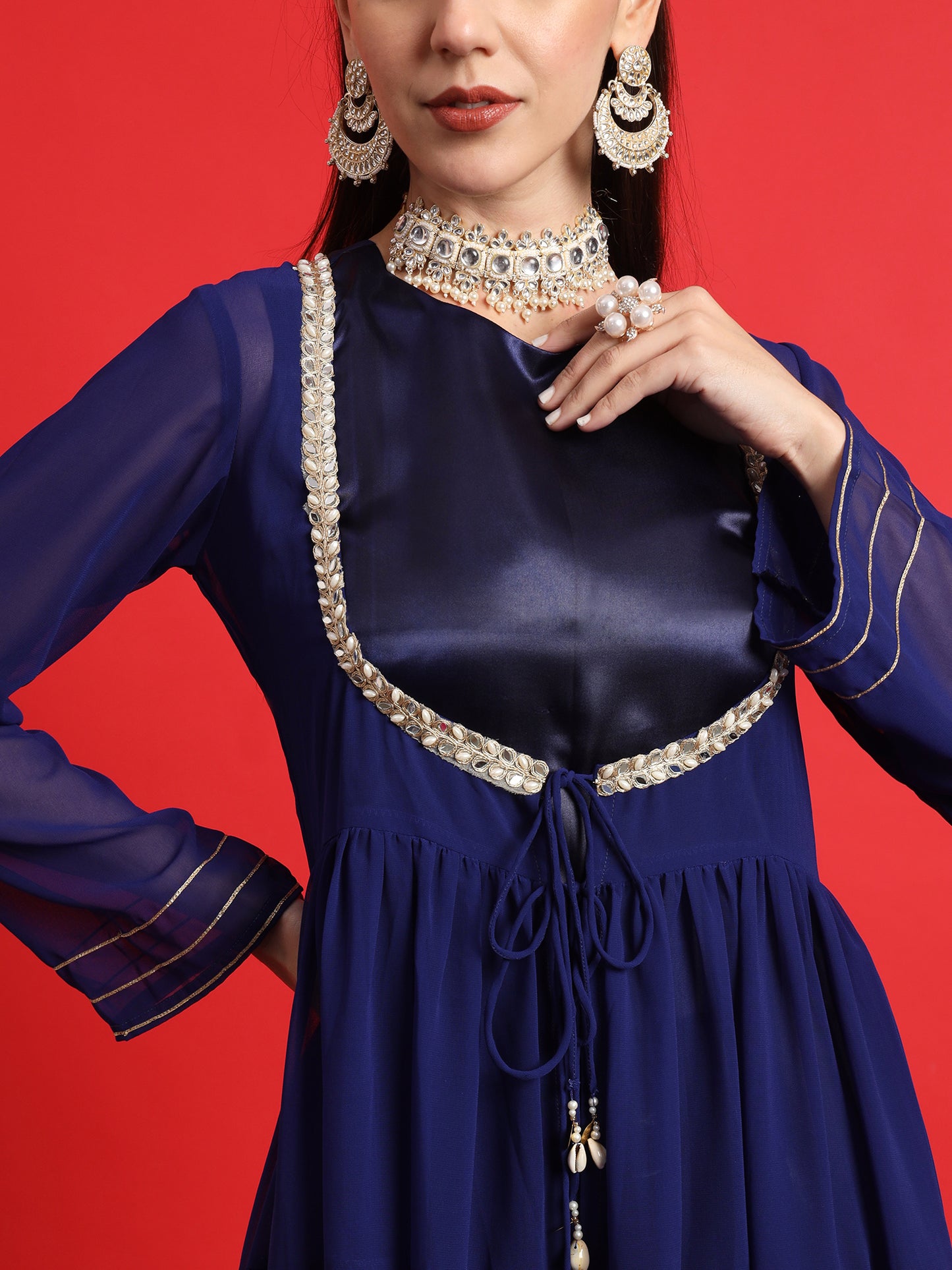 Blue Satin kurta Set with Layered Embellished Overlay