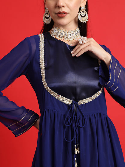 Blue Satin kurta Set with Layered Embellished Overlay