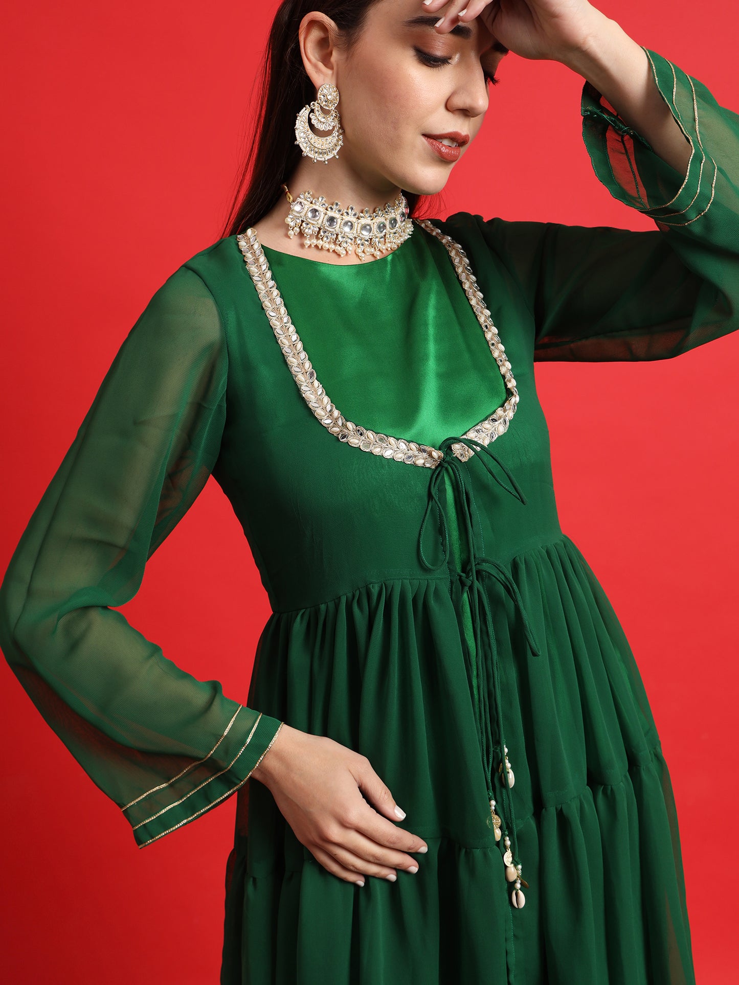 Green Satin kurta Set with Layered Embellished Overlay