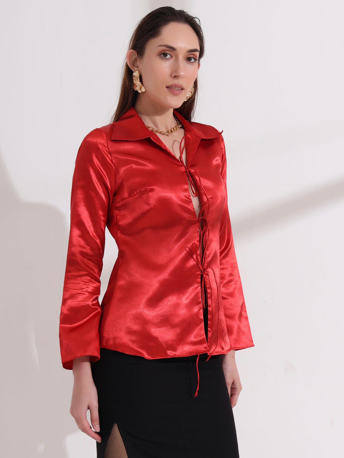 Red Tie-up Collared Satin Shirt