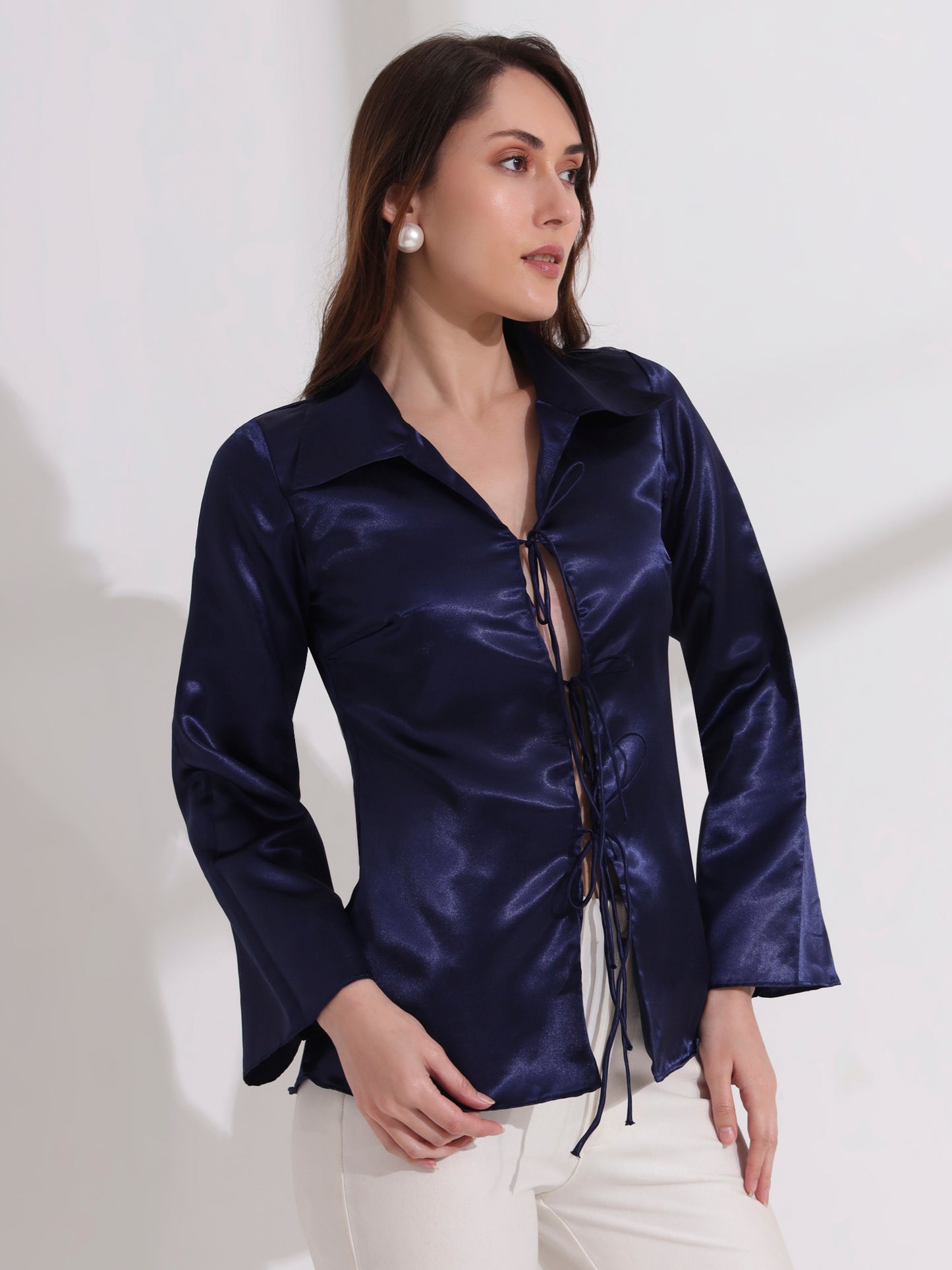 Blue Tie-up Collared Satin Shirt