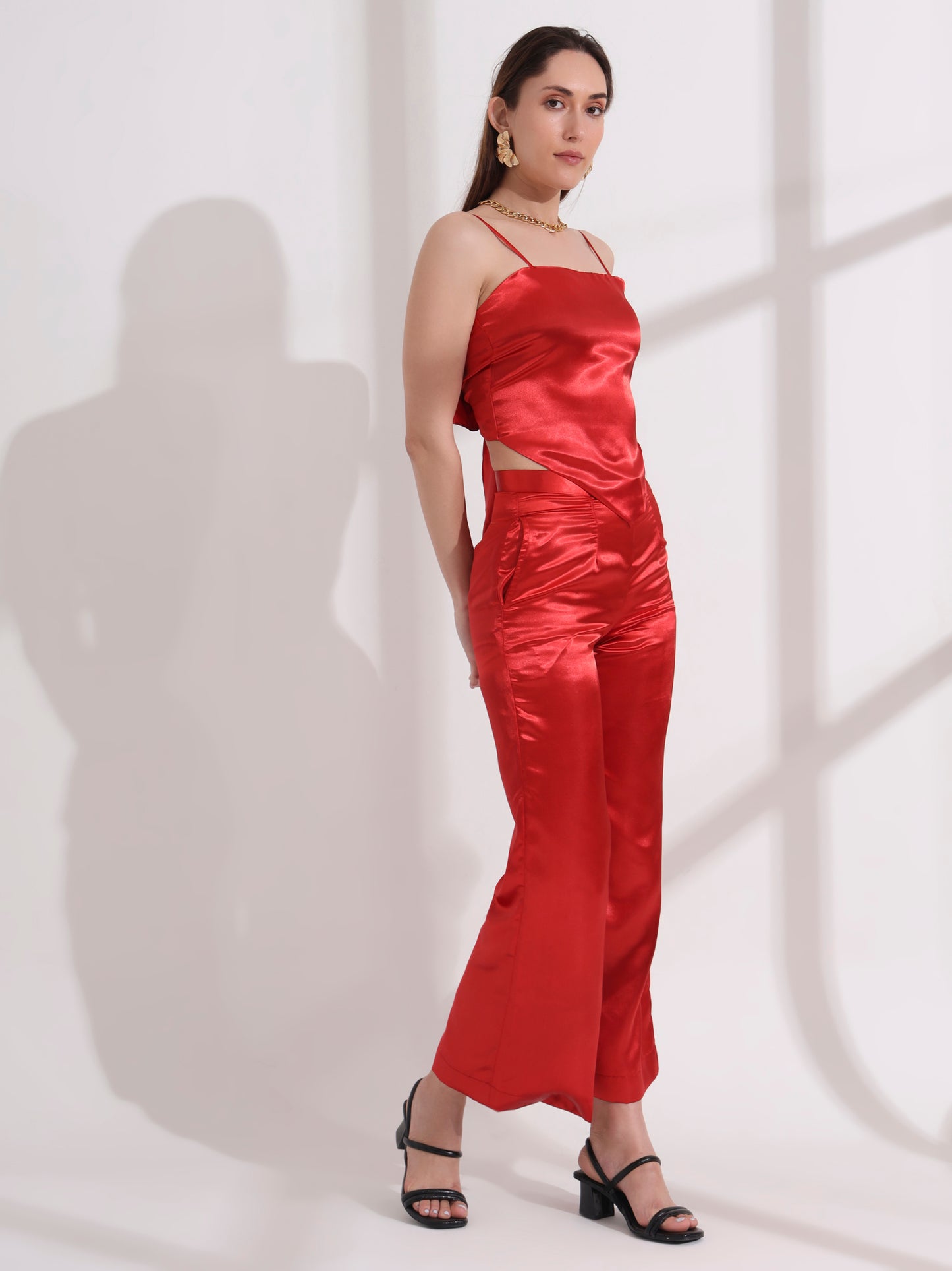 Red Satin Tie-up Top and Pant  Set