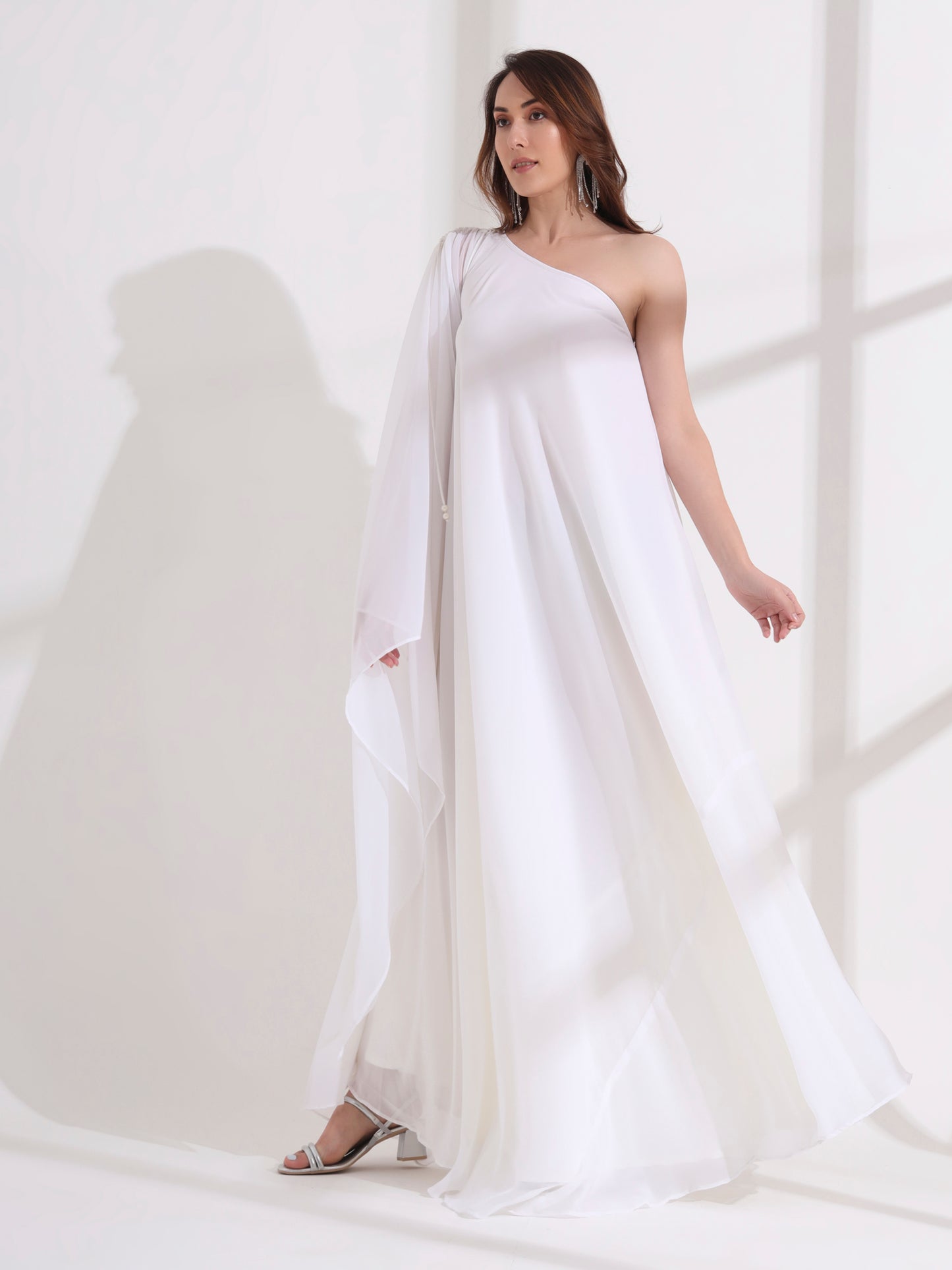 White Georgette One Shoulder Flared Maxi Dress