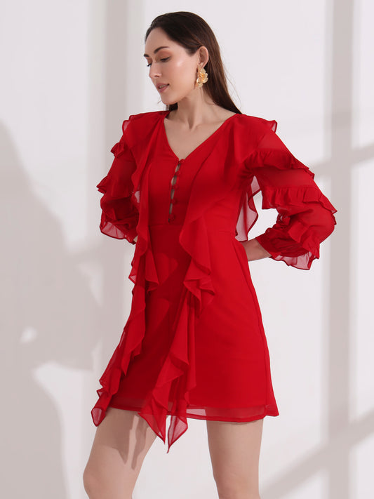 Red Georgette Ruffle Mini Dress