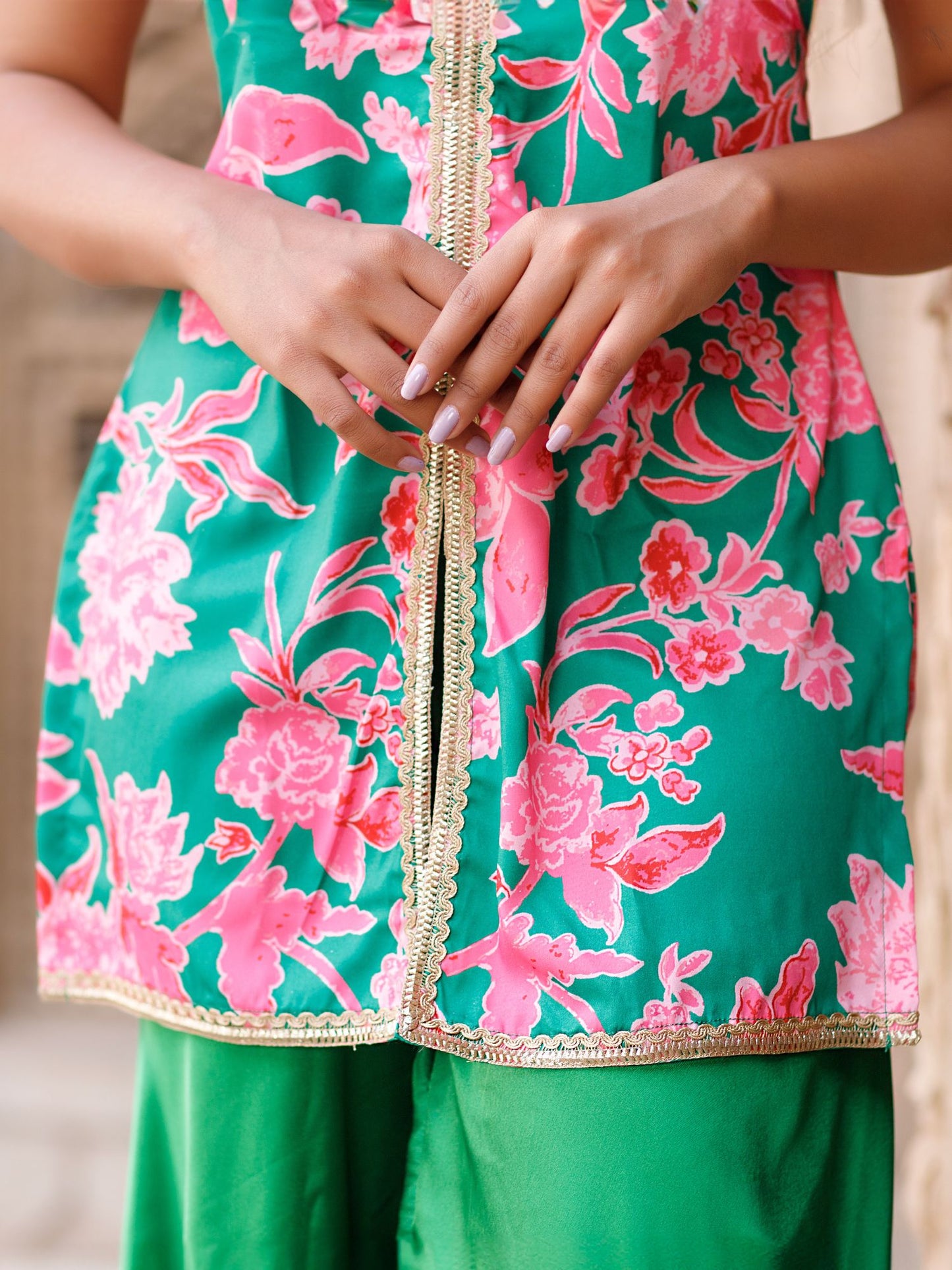 Green Floral Sleeveless Kurta