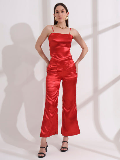 Red Satin Tie-up Top and Pant  Set