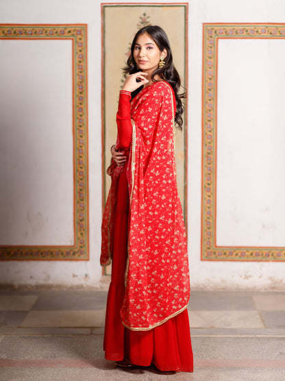 Red Anarkali with Floral Printed Dupatta