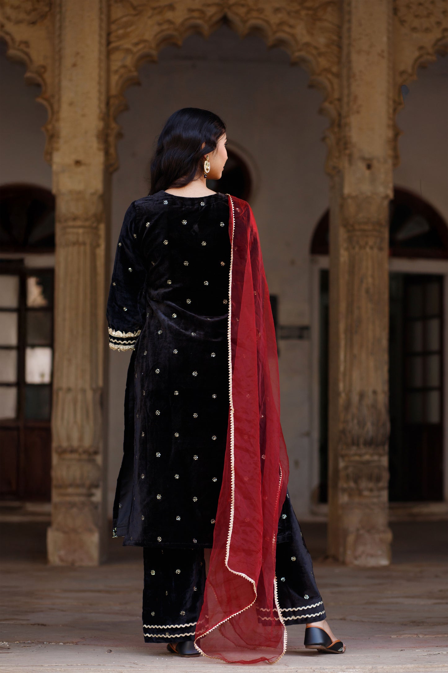 Black Velvet Embellished Kurta Set