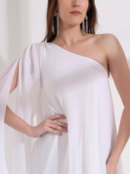 White Georgette One Shoulder Flared Maxi Dress